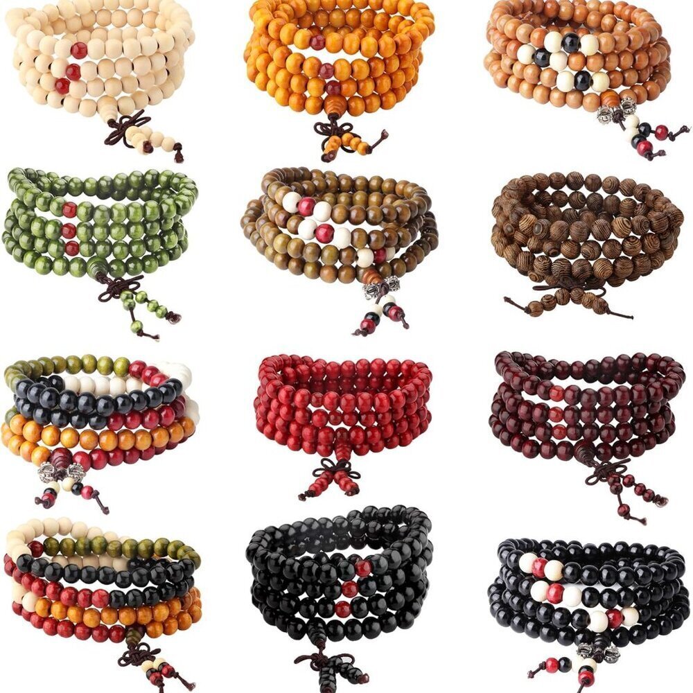 12Pcs 108 Mala Bead Bracelets 8MM Buddhist Prayer Strand Sandalwood Wood